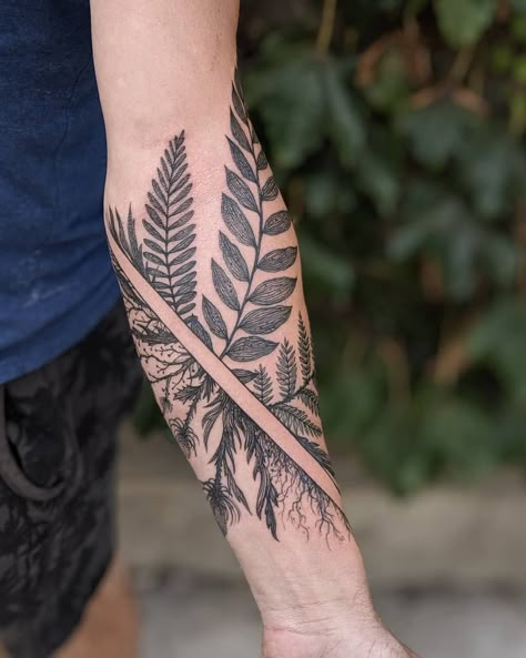 Dino Nemec on Instagram: “Ferns and Thistles for Mike's first tattoo ✍🏽 -thank you so much for your trust dude, you did excellent!” Men Fern Tattoo, Male Plant Tattoo, Fern Band Tattoo, Nature Arm Tattoo For Men, Fern Calf Tattoo, Fern Tattoo Women, Marine Sleeve Tattoo, Masculine Botanical Tattoo, Blue Print Tattoo