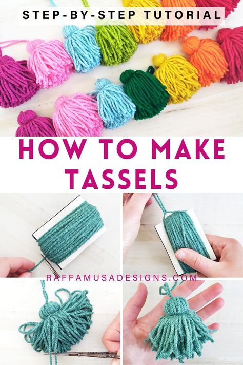 a collage of pictures showing how to make yarn tassels Tassel How To Make, Homemade Tassels, How To Make A Beaded Tassel, Make A Tassel With Yarn, Easy Tassels Diy, Easy Crochet Tassels, Yarn And Popsicle Stick Crafts, How To Make Yarn Tassels, How To Make A Tassel With Yarn