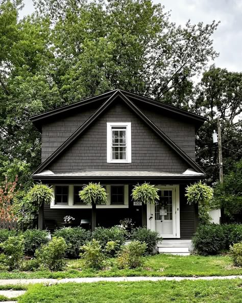 kathy | minneapolis mn | Be still my beating heart! 💓💓💓 Another cutie in the Hamline-Midway neighborhood. #saintpaul #stpaul #oldhomes #black #blackhouse… | Instagram Dark Gray Cottage Exterior, New England Houses Exterior, Dark House Exterior With White Windows, Dark Bungalow Exterior, Dark House Light Trim, Siding Small House, Dark Exterior White Windows, Small Black House Exterior, Dark Gray House Exterior White Trim