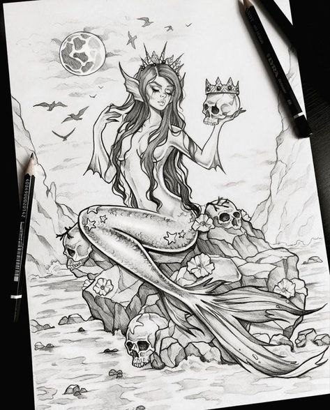 Siren Tattoo, Mermaid Sketch, Mermaid Tattoo Designs, Mermaid Artwork, Witch Tattoo, Instagram King, Mermaid Drawings, Adult Coloring Designs, Mermaid Tattoo