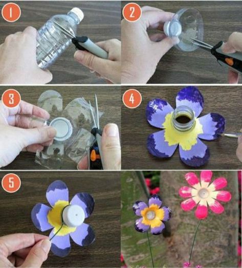 Crafts With Bottles, Bottle Garden Art, Bottle Flowers, Water Bottle Crafts, Plastic Bottle Flowers, Plastic Bottle Art, Recycled Art Projects, Diy Bottle Crafts, Garden Art Sculptures Diy