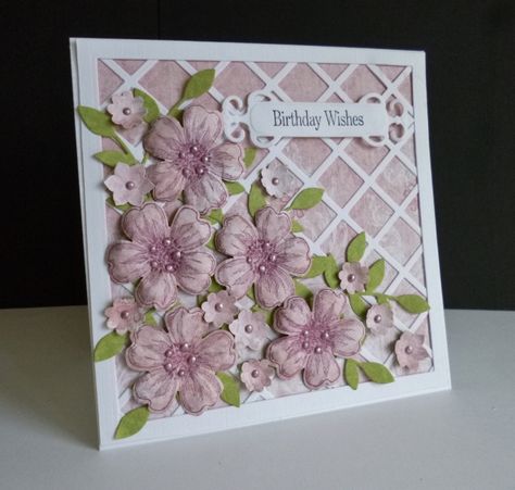 flower shop trellis card by Sandie... (change sentiment) Trellis Cards Ideas, Trellis Card Ideas, Trellis Cards, Hummingbird Cards, Lattice Cards, Punch Art Cards, Cards With Flowers, Flower Birthday, Cricut Cards