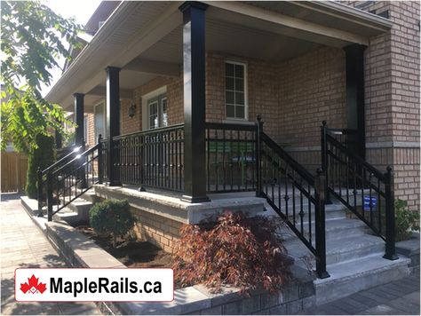 Maple CLASSIC Aluminum Columns (BLACK) Installation (Milton, ON) Aluminum Porch Columns, Black Porch Columns, Black Columns, Porch Repair, Black Profile, Glass Railing System, Brick Columns, Porch Columns, Porch Steps