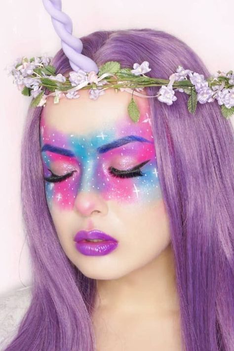 Easy Unicorn Makeup, Unicorn Makeup Ideas, Dark Fairy Makeup, Makeup Unicorn, Unicorn Makeup Halloween, Rosa Make-up, Galaxy Unicorn, Ideas For Parties, Halloween Unicorn