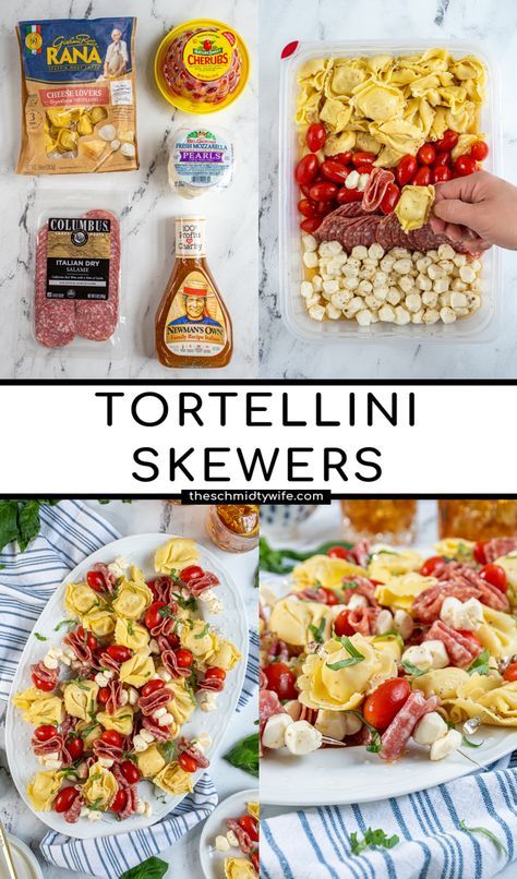 Easy Tortellini Appetizers, Tortellini Skewers Italian Dressing, Tortellini On A Stick, Tortellini Pasta Skewers, Antipasto Salad Skewers, Tortellini Recipes Appetizers, Tortalini Appetizers, Easy Tailgate Snacks Finger Foods Cold, Appetizer Food Boards For Parties