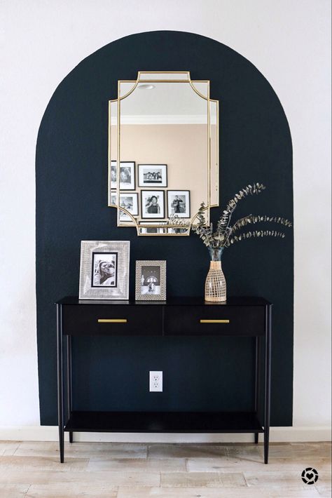 We recently painted this navy color block arch and it paired perfectly with a gold mirror and a black metal console table. Love mixing different materials for a more modern look, sometimes ecclectic home design. #colorblock #colorblocking #paintedarch #darkwalls Painted Arch, Perfect Apartment, Bedroom Redesign, Open Concept Home, Diy Sofa, White Rooms, Dream Apartment, Buffet Table, Ikea Hacks