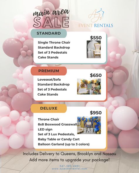 Looking for the ideal venue to turn your special moments into unforgettable memories? Our MAIN AREA SALE is here to make it happen! Choose from our exclusive packages that can be upgraded to fit your vision! Book now and make your event an unforgettable experience! 💫 Contact us: 347-389-4401 www.ajseventrental.com #EventDecor #Events #EventDecoration #EventSpace #EventVenue #IntimateSpace #IntimateVenue #EventPlanner #EventPlanners #EventsNYC #EventsQueens #EventSpaceNY #CreateMemories Event Planner Party Packages, Rental Space For Events, Diy Party Rentals, Event Space Business, Party Rental Business, Event Venue Business, Party Rental Ideas, Event Rental Business, Party Rentals Business