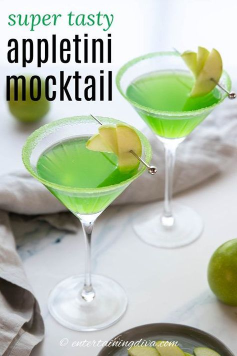 Martini Theme Party Ideas, Virgin Martini Recipes, Appletini Mocktail, Appletini Recipe, Apple Martini Recipe, Entertaining Desserts, Entertaining Dishes, Apple Schnapps, Martini Party