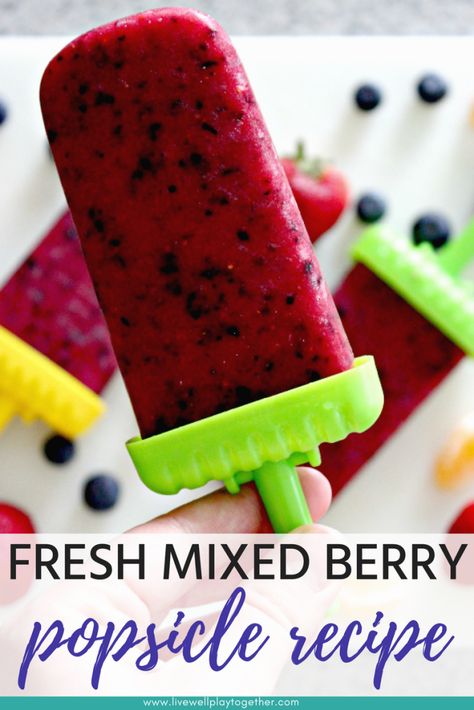 Homemade Strawberry-Blueberry Popsicles from Live Well Play Together. These homemade mixed berry pops are the perfect treat to cool off during the summer. Quick, healthy, and kid-friendly! #popsicles #frozenpops #icepops #healthysnacks #summersnacks #summerfood #strawberries #blueberries #kidfriendlyrecipes Home Made Popsicles Healthy, Popsicle Recipe For Kids, Blueberry Popsicles, Fruit Popsicle Recipes, Homemade Fruit Popsicles, Berry Popsicles, Frozen Popsicles, Healthy Popsicle Recipes, Healthy Popsicles