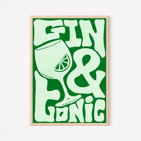 "High quality print in A4 & A3 Print size options Gin & Tonic Wall Art - Cocktail Print Let me know if you have any questions or hit me up on Instagram @the_teflon_dan A playful and funky font is used to spell out the words \"gin and tonic\" in a stylish manner, adding an artistic flair to the piece. The letters are intertwined with decorative elements, reminiscent of botanicals found in gin distillations, further emphasizing the drink's complex flavor profile." Drinks Wall Art, Gin Tonic Illustration, Tonic Cocktails, Cocktail Wall Art, Art Cocktail, Illustrated Poster, Funky Fonts, Contemporary Fonts, Cocktail Poster