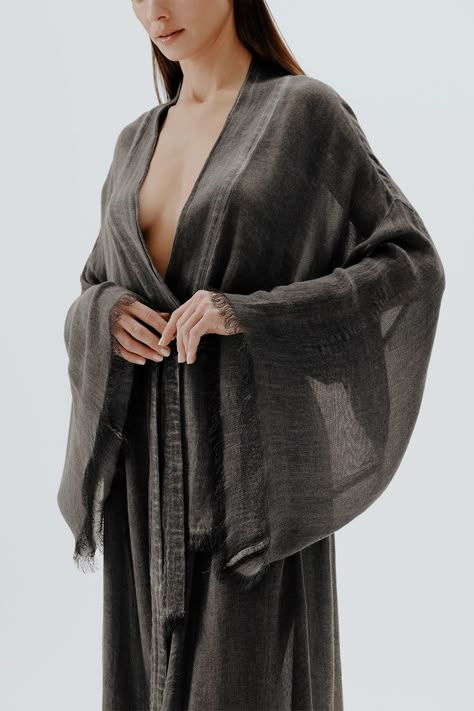 ✨ Wrap yourself in our long kimono, made from the softest bamboo and natural handmade fibers. 🌿 Its unique color and exceptional comfort will make you feel like you're in heaven. Perfect for lounging or elevating your everyday style. Experience the ultimate blend of elegance and coziness. #BambooKimono #NaturalFibers #HandmadeFashion #UniqueStyle #Bandeosh Long Kimono Outfit With Dress, Elegant Homewear, Sleeveless Robe, Long Kimono Dress, Bamboo Clothes, Boho Womens Clothing, Natural Fiber Clothing, Long Kimono, Mode Inspo