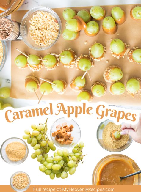 Caramel Apple Dessert Ideas Apple Dessert Ideas, Caramel Apple Grapes, Party Appetizers For A Crowd, Fall Chex Mix Recipes, Thanksgiving Kid Recipes, Fall Party Appetizers, Caramel Apple Treats, Grape Appetizers, Caramel Apple Dessert