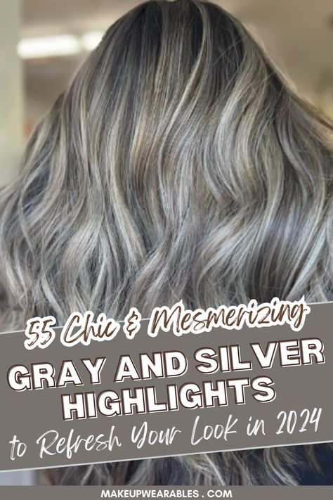 Gray and Silver Highlights for a Trendy, Sophisticated Edge Transitioning From Brunette To Gray, Grey Hair Color Ideas Going Gray Natural, Color Hair Gray Silver, Silver And Brunette Hair, Blending Gray Hair Brunettes Diy, Gray Blending Dark Blonde, Lob Grey Hair, Ash Hair Color Balayage, Low Lights On White Grey Hair