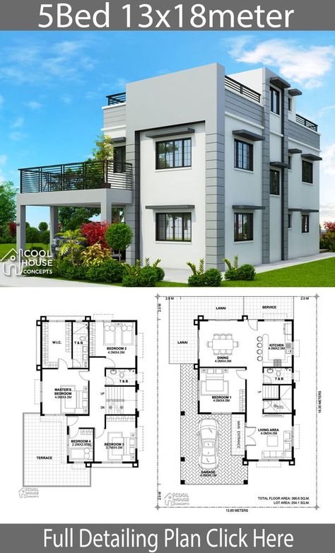 House Design Plan 15.5x10.5m With 5 Bedrooms - Home Design With Plan Two Story House Design, Modern House Floor Plans, 2 Storey House Design, Two Story House, Duplex House Plans, Kerala House Design, House Plan Gallery, Home Design Floor Plans, House Construction Plan