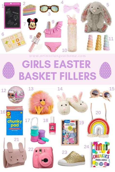 If you're looking for items for your girl's Easter Basket check out this blog post full of girls Easter Basket fillers for items your daughter will love!! https://www.arinsolange.com #Easter #EasterBasket #GirlsEasterBasket Girls Easter Basket Fillers, Easter Egg Filler Ideas, Easter Gift Ideas For Kids, Kids Easter Basket Ideas, Easter Basket Filler Ideas, Easter Baskets For Kids, Easter Crafts For Toddlers, Girls Easter Basket, Easter Basket Items