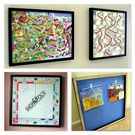 Great idea! Frame your board games, attach games pieces to the back in Ziploc baggies,  and hang on the playroom walls as decoration:) love it! Uppfostra Barn, Board Game Room, Toddlers Room, Boys Play, Board Game Storage, Hangout Room, Loft Ideas, Game Room Family, Games Design