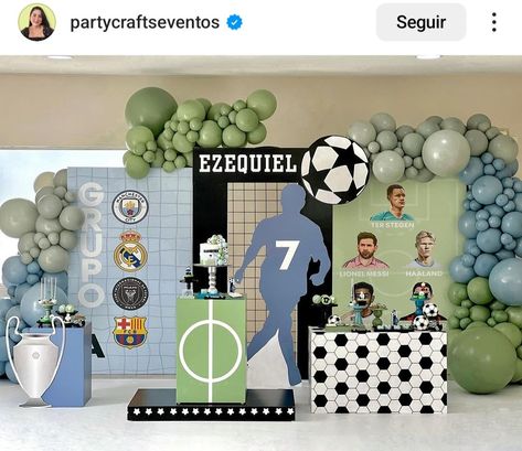 Soccer Birthday Backdrop, Soccer Birthday Party Ideas Decorations, Soccer Birthday Theme, Soccer Theme Birthday Party, Soccer Birthday Party Ideas, Soccer Decorations, Messi Birthday, Soccer Party Decorations, Soccer Theme Parties