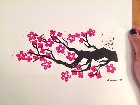 Cherry Blossoms Linocut Print | 8x10" original, cherry blossom art, spring bouquet, floral print, linocut block print wall art of sakura Block Print Wall Art, Block Print Wall, Lino Cuts, Cherry Blossom Art, Spring Bouquet, New Year Card, Lino Print, Linocut Prints, Cherry Blossoms