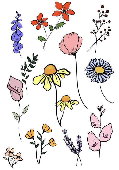 Flowers drawn in procreate and colored in Krita Cute Flower Drawing, Simple Flower Drawing, Wildflower Drawing, Easy Flower Drawings, Tree Drawings Pencil, Flower Drawing Tutorials, Flower Art Drawing, Cartoon Flowers, Flower Sketches