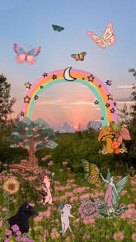 Wallpaper Backgrounds Spiritual, Hippie Desktop Wallpaper, Maximalist Wallpaper Iphone, Hippie Vibes Wallpaper, Cool Trippy Wallpaper, 888 Aesthetic, Whimsical Wallpaper Iphone, Vintage Phone Wallpaper, Rainbow Mushroom