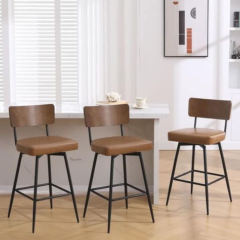 26"/29" Counter Height Swivel Bar Stools Set of 2/3 with Metal Frame - On Sale - Bed Bath & Beyond - 40830397 Kitchen Barstools Swivel, Brown Stools Kitchen Bars, Counter Stools With Backs Swivel, Modern Farmhouse Bar Stools, Brown Stool, Farmhouse Bar Stools, Counter Stools With Backs, Counter Chair, Modern Counter Stools