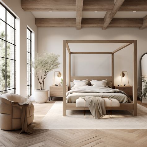 "Embrace the Elegance: Modern meets traditional in this luxurious European-inspired bedroom. With soothing neutral tones, plaster walls, and the warmth of oak wood, the canopy bed stands as the epitome of cozy sophistication. Step into a world of comfort and clean design – where every detail invites you to unwind and relax. #LuxuryLiving #EuropeanInspired #ModernTradition" Modern Mediterranean Bedroom, Modern Traditional Bedroom, Modern Organic Bedroom, Organic Modern Bedroom, European Bedroom, Mediterranean Bedroom, Organic Bedroom, Natural Bedroom, Canopy Bedroom