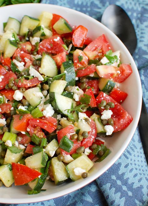 Tomato and Cucumber Salad with Capers Capers Salad, Abundance Of Tomatoes, Salad With Capers, Tomato And Cucumber Salad, Tomatoes And Cucumbers, Tomato Cucumber Salad, Tomato And Cucumber, Creamy Feta, Feta Cheese Salad