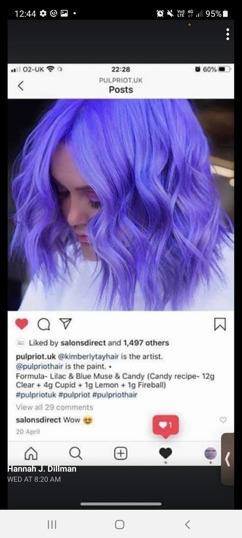 Neon Lavender Hair, Pulpriot Formulas, Pulpriot Haircolor, Pulp Riot Hair Color Ideas, Pulp Riot Hair Color Formulas, Fun Haircolor, Matrix Purple Hair Color, Blue Based Purple Hair, Magenta Purple And Blue Hair