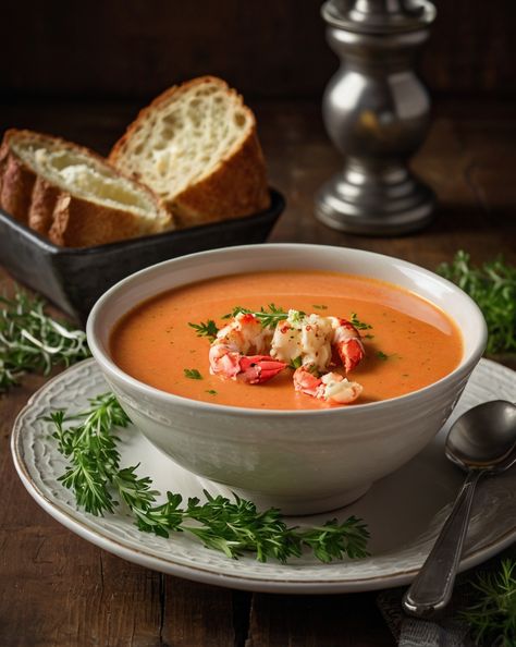 Indulge in a luxurious lobster bisque. This rich and creamy soup is made with fresh lobster and vegetables. . #cooking #recipe #foodphotography #instafood #foodblogger #yummy #healthyfood Shrimp And Lobster Bisque, Homemade Lobster Bisque, Healthy Lobster Bisque, Butternut Squash Lobster Bisque, Lobster Soup, Lobster Bisque Soup, Lobster Bisque Recipe, Fresh Lobster, Lobster Bisque