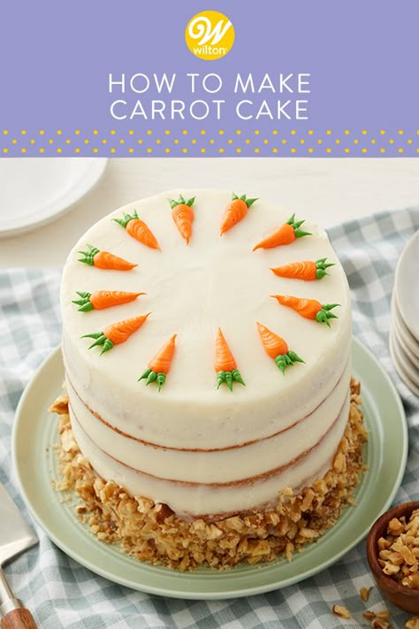 Learn how to bake, store and decorate a delicious carrot cake for your next spring celebration. This easy carrot cake recipe, complete with fresh carrots, raisins and tangy cream cheese frosting, makes a fluffy and moist 2-layer carrot cake. Top your dessert with sweet buttercream carrots for the perfect finishing touch. #wiltoncakes #carrotcake #creamcheesefrosting #homemade #recipes #baking #cakerecipes #cakeideas #eastercake #springcake #blog #blogger #blogpost #cakeideas #springdessert Easy Carrot Cake Recipe, Carrot Cake Recipe Homemade, Classic Carrot Cake Recipe, Carrot Cake Decoration, Best Carrot Cake Recipe, Unfrosted Cake, The Best Carrot Cake, Carrot Cake Recipe Easy, Cannoli Recipe