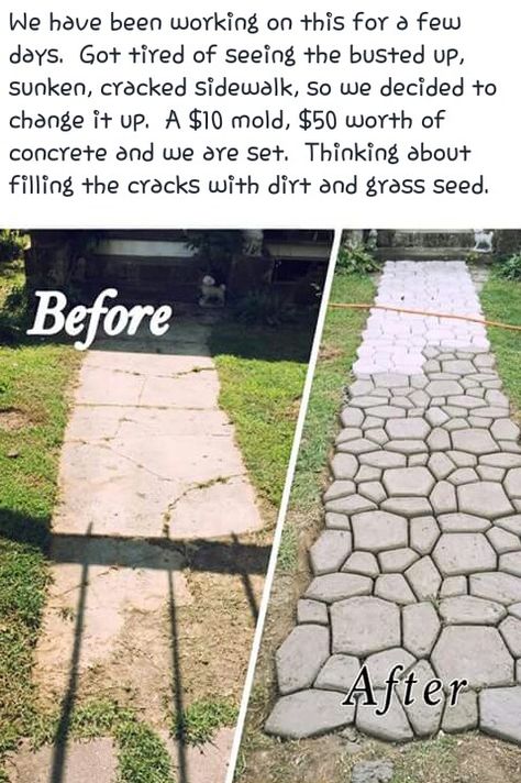 Old Sidewalk Makeover, Concrete Pavers Walkway, Patio Ideas Backyard, Pavers Walkway, Diy Sidewalk, Paver Patio Ideas, Walkway Designs, Sidewalk Landscaping, Front Yard Walkway