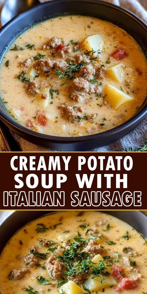 🥔🍲 Creamy Potato Soup with Italian Sausage Recipe – the ultimate comfort food for cozy nights! This rich, creamy soup is packed with hearty potatoes, flavorful Italian sausage, and a blend of herbs that make every spoonful irresistible. 👉 Pin now and make this delicious Creamy Potato Soup your next family favorite! Don’t forget to follow for more cozy recipes like this. #ComfortFood #PotatoSoup #ItalianSausage #EasyRecipes #FallRecipes Main Dish For Party, Creamy Parmesan Italian Sausage Soup, Italian Sausage And Potato Soup, Sausage And Potato Soup, Soup With Italian Sausage, German Potato Soup, Italian Sausage Recipe, Italian Sausage Soup, Italian Sausage Recipes