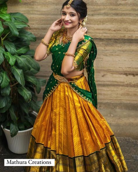 Half Saree Traditional Style, Pattu Half Saree Blouse Designs, Half Sarees Latest Designs, Dhavani Half Saree Color Combos, Half Saree Models Latest, Half Saree Function Stills, Latest Half Saree Designs, Saree Ghagra, Langa Voni Half Saree