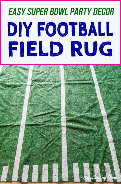 This DIY football field area rug is an easy football party decoration that will make you feel like your at the game in your own living room. #entertainingdiva #diypartydecor #partyideas #gamedayparty #footballparty #superbowlparty Diy Football Field, Football Party Printables, Gameday Party, Superbowl Party Games, Superbowl Party Decorations, Football Room, Party Decor Diy, Football Rug, Football Party Decorations