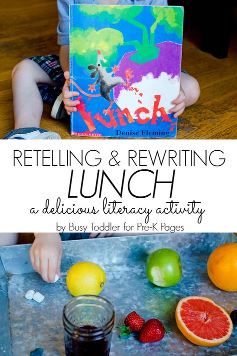 Lunch: Retelling and Rewriting Familiar Stories in Preschool and Kindergarten. Perfect book companion activity for developing comprehension, retelling, and oral language skills. - Pre-K Pages Story Stretchers, Healthy Food Activities For Preschool, Story Baskets, Healthy Food Activities, Preschool Food, Oral Language Activities, Retelling Activities, Picture Book Activities, Early Childhood Literacy