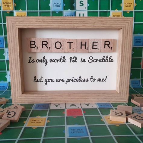 Homemade Gifts For Brother, Diy Gifts For Brother, Bday Gift For Boyfriend, Scrabble Art Frame, Brother Ideas, Scrabble Tile Crafts, Tile Frame, Scrabble Crafts, Brother Birthday Gift