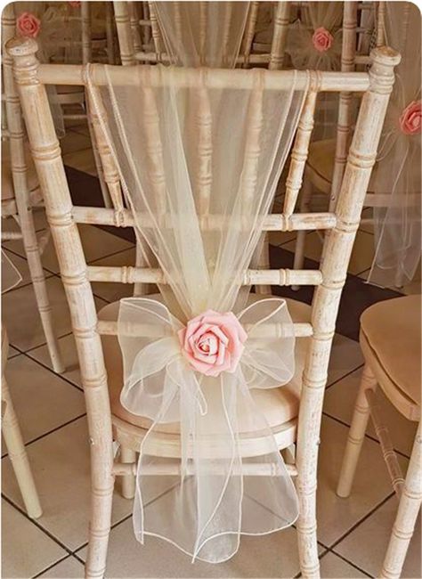 Wedding Chair Decorations You Will Like Organza Chair Sash Ideas, Tulle On Chairs Wedding, Tulle Chair Sash Diy, Bride Chair Decoration, Diy Wedding Chair Decorations, Chair Decorations Party, Bows On Chairs, Wedding Reception Chair Decorations, Chair Decoration Ideas