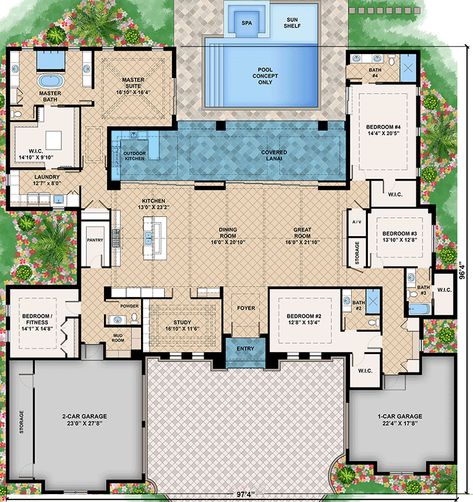 5-bedroom Florida house plan with symmetry and beautiful exterior. . #Master_Suite_Bedroom_Plans #Florida_Home_Floor_Plans #Living_Room_With_Patio_Doors #5_Bedroom_House_Floor_Plan 5 Bedroom Florida House Plans, Courtyard Pool House Plans, U Shaped House Plans With Pool, Indoor Pool House Plans, U Shaped House Plans With Pool In Middle, House Plans With Courtyard In The Middle, House Plans With Pool, Spanish Style Home Plans, U Shaped House Plans