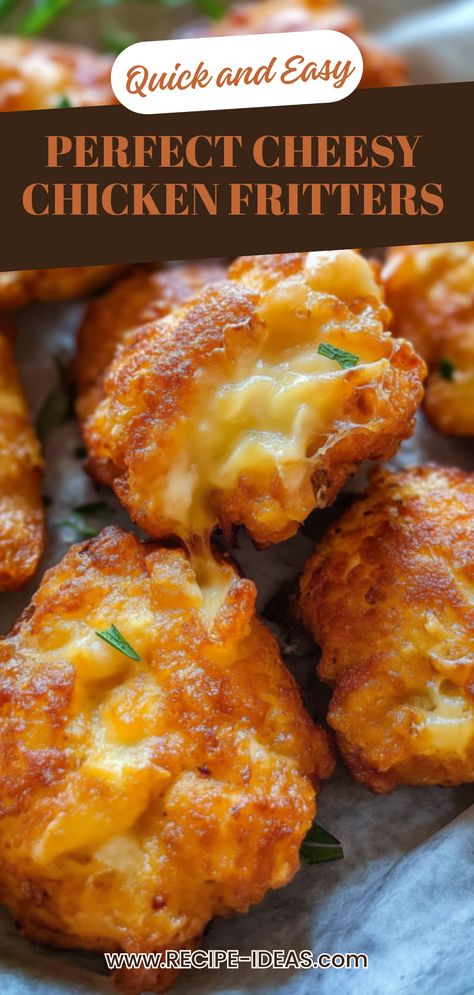 Delicious Cheesy Chicken Fritters plated, showcasing juicy chicken and melty cheese with crispy edges. These easy appetizer bites are a hit at gatherings. Clean Comfort Food, Chicken In A Biscuit Crackers Recipe, Crispy Cheddar Chicken Ritz Crackers, Appetizer With Chicken, Cheesy Chicken Fritters Recipe, Ground Chicken Appetizers, Chicken Croquets, Chicken Breast Appetizers, Appetizers With Chicken