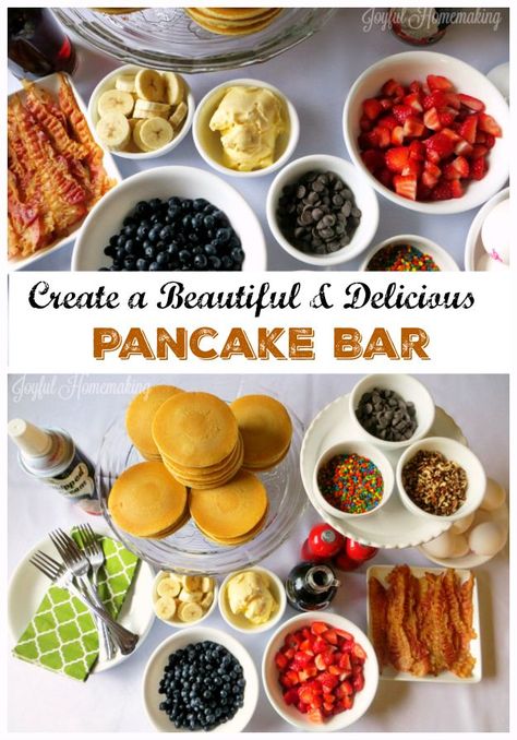 Pancake Bar Joyful Homemaking Recipe Pancake bar, Pancake party Pancake Bar Ideas Kids, Pancakes And Pajamas Party Christmas, Pancake Bar Ideas Brunch Party, Pancake Bar Ideas, Pancake Birthday Party, Pancakes And Pajamas Party, Pancake Bar, Crepes Party, Kids Pancakes