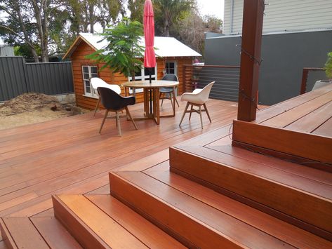 Merbau hardwood decking built in a multi layer style for practicality, dramatic effect and ambiance in Mosman Park, Perth, Australia Layered Deck, Merbau Decking, Two Level Deck, Hardwood Decking, Deck Projects, Front Steps, Timber Deck, Perth Australia, Bbq Area