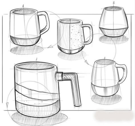 Pottery Sketches Ceramic Art, Pottery Design Sketch, Pottery Sketches Drawing, Cup Sketch Drawings, Pottery Sketch, Coffee Mug Sketch Drawing, Pot Sketch, Mug Sketch, Cooking Tools Illustration