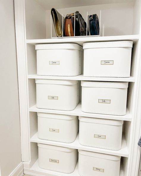 Organizing Boxes In Closet, Storage Containers For Closet, Closet Boxes Organization, Closet Organization Boxes, Purse Organizer Closet, Purse Organization Closet, Inventory Organization Storage, Bag Closet Storage, Rubbermaid Closet Organizer