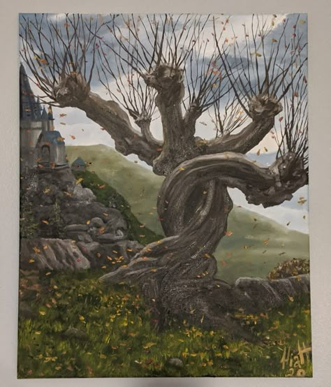 Harry Potter whomping willow oil painting Whomping Willow Drawing, Harry Potter Oil Painting, Hp Painting, Harry Potter Whomping Willow, Harry Potter Painting Ideas, Harry Potter Flying Car, Painting Harry Potter, Hogwarts Painting, Whomping Willow