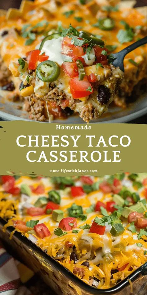 Cheesy Taco Casserole Is there anything more crowd-pleasing than a big ol' taco casserole fresh from the oven? I think not! This cheesy, beefy, crunchy taco bake has been a family favorite for as long as I can remember. Mexican Taco Bake Casserole, Beef Taco Bake Casserole, Cheesy Mexican Casserole, Cheesy Taco Bake, Cheesy Taco Casserole, Taco Salad Bake, Baked Taco Salad, Taco Casserole Bake, Salad Board