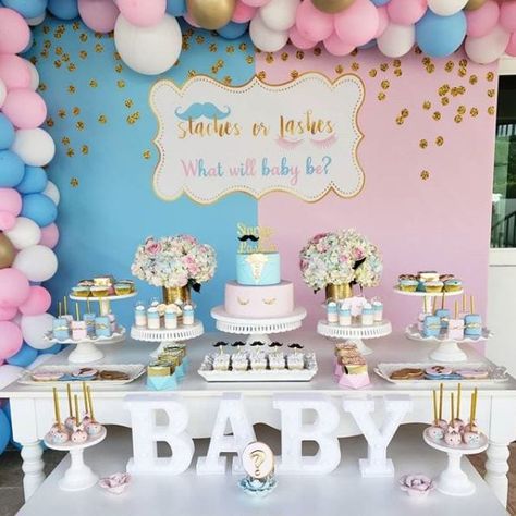 Staches Or Lashes Gender Reveal, Staches Or Lashes, Best Gender Reveal, Baby Shower Gender Reveal Cake, Gender Reveal Box, Simple Gender Reveal, Gender Reveal Party Ideas, Reveal Party Ideas, Gender Reveal Baby Shower Themes