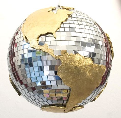 mirrorball globe ... Earth's land masses in gold on silver mirror mosaic tile… Disco Globe, Mosaic Tile Mirror, Globe Art, Roller Disco, Instagram Party, World Globes, World Party, Map Globe, Mirror Mosaic