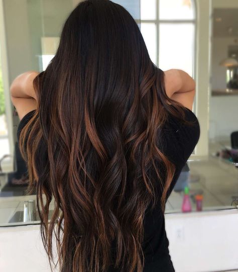 Dimensional caramel balayage ✨💛 Caramel Black Balayage, Black Hair With Caramel Underneath, Black To Caramel Ombre, Espresso Hair With Caramel Highlights, Black To Caramel Balayage, Dark Brown Carmel Balayage Long Hair, Dimensional Black Hair Highlights, Black Hair With Brown Tips, Black Caramel Balayage