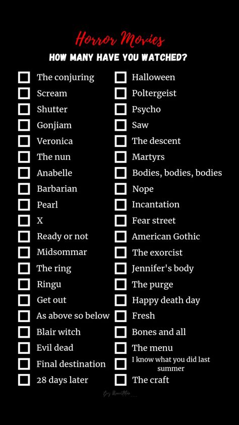 Scary Movie Checklist, Horror Movies Checklist, This Or That Horror Edition, Horror Movie Checklist, Halloween Night Movie, Scary Names, Scary Movie List, 1980s Horror Movies, Haunted Movie