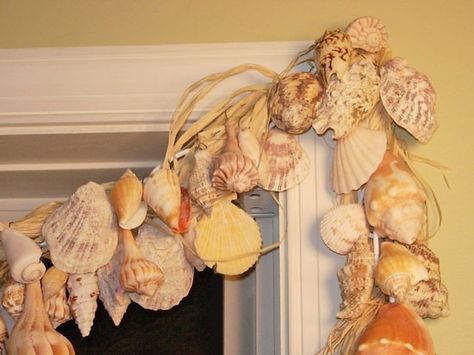 # beachy shell garland Easy Window Treatments, Homemade Garland, Seashell Garland, Shell Garland, Beach Decorations, Fabric Window Treatments, Summer Window, Christmas Garlands, She Sells Seashells